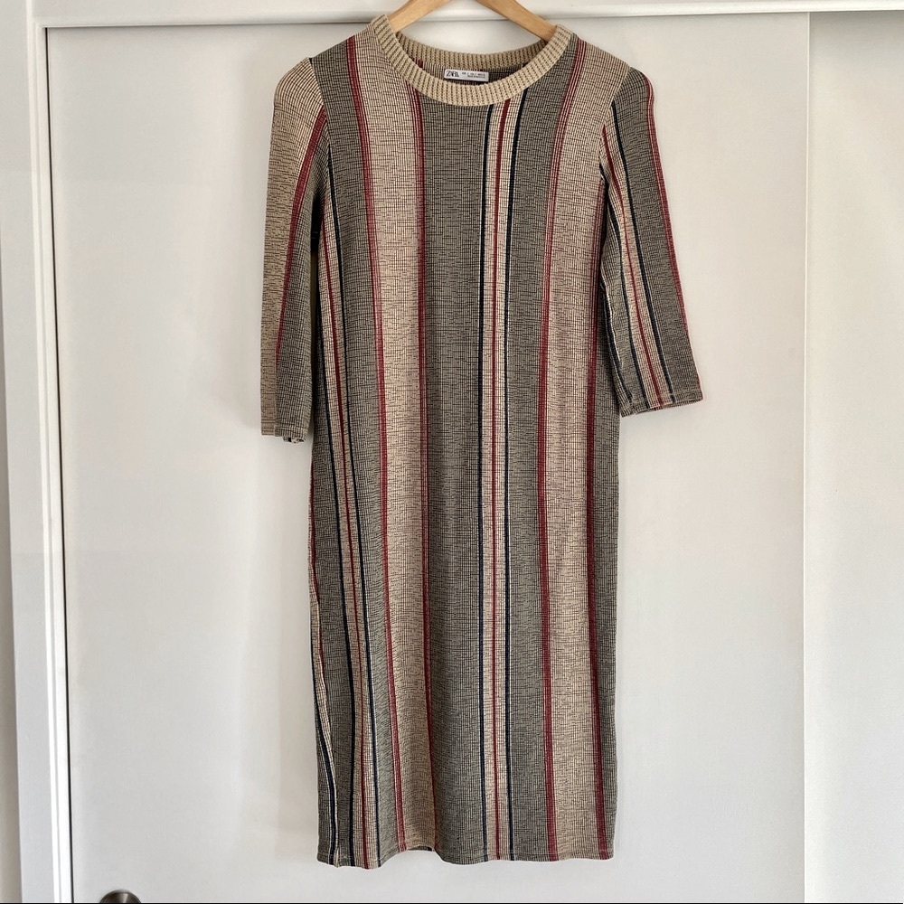 ZARA Striped Midi Dress Cream‎ Red Navy Stretchy Knit Elbow Sleeve Small